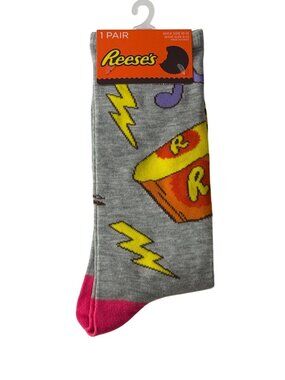 Reese’s Candy Lightning Bolt Gray Crew Socks Pink Toe Mens 10-13 Fun Graphic New